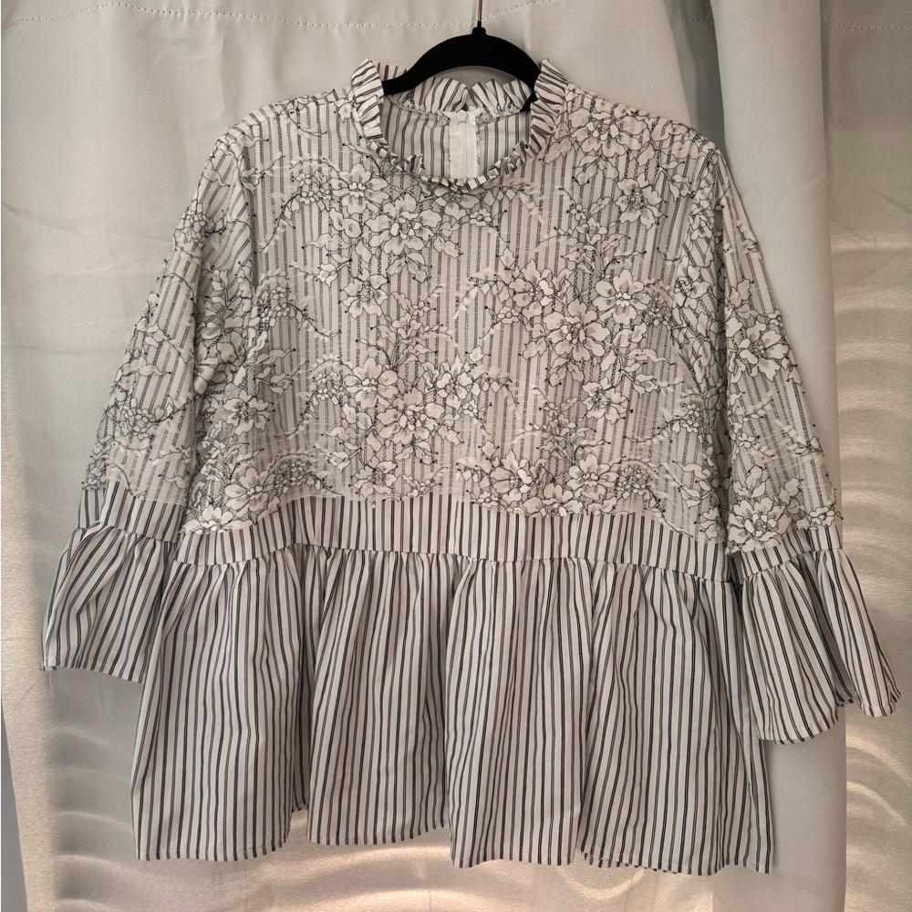 HANNAH Lace Floral Overlay Babydoll Flare Sleeve Striped Top